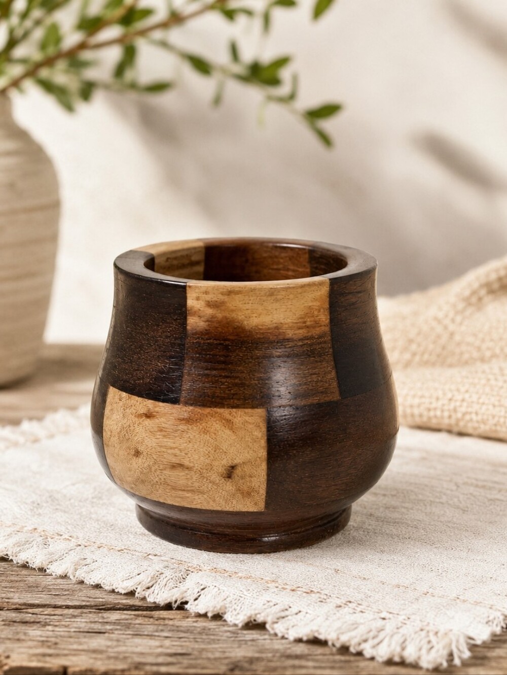 Vintage Hand Turned Patchwork Wood Bowl Segmented Wooden Decorative Bowl